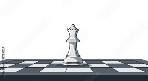 A solitary white chess queen piece stands prominently on a classic black and white checkered chessboard against a plain white background.