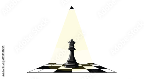 A solitary black chess queen piece is dramatically illuminated by a bright yellow spotlight on a checkered chessboard.