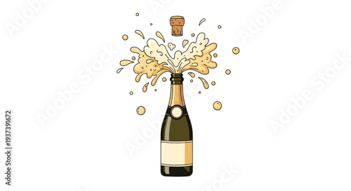 A cartoon champagne bottle with a beige label is depicted with its cork flying upwards and golden liquid splashing dynamically on a clean white background.