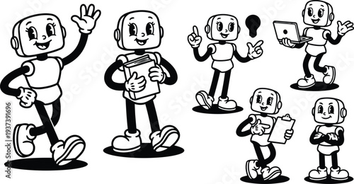 Retro cartoon mascot robot set multiple poses walking holding book laptop clipboard idea bulb cheerful expressions vintage vector art smiling