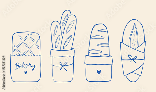 Hand-drawn sketch clip art collection of european bread in eco paper bags. Outline vector drawing for menu, bakery logo, or web. Baguette line illustration isolated on creamy background. 
