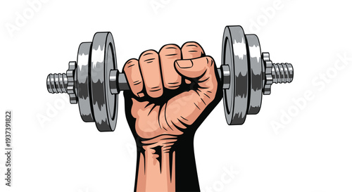 A strong, light-skinned hand is firmly gripping the knurled handle of a silver dumbbell with multiple weight plates on a white background.