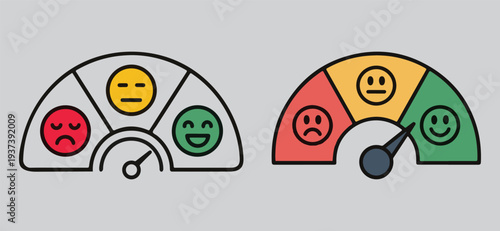Customer satisfaction gauge icon with three colored emoji faces and performance meter, Satisfaction customer feedback meter with sad, neutral, happy emotions. Vector thin line icon