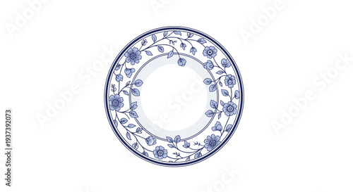A single round ceramic plate with an intricate blue and white floral pattern along its rim and a plain white center is depicted on a white background.