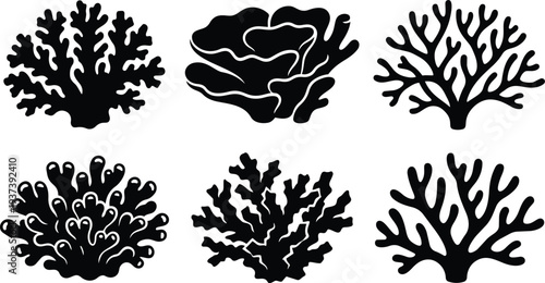 Flat design close up coral silhouettes six shapes arranged on white background black marine reef icons in vector minimal style