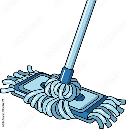 A blue illustration of a string mop with a long handle