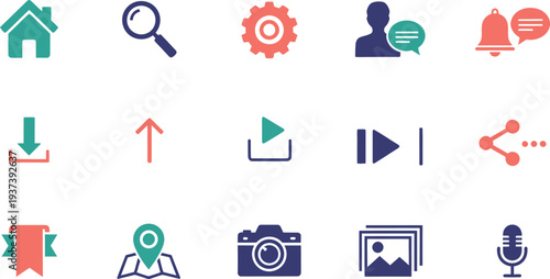 Collection of various icons for navigation and media control