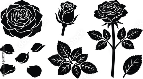 Flat silhouette rose components set close up single stem bud leaves petals isolated vector art black high resolution scalable icons