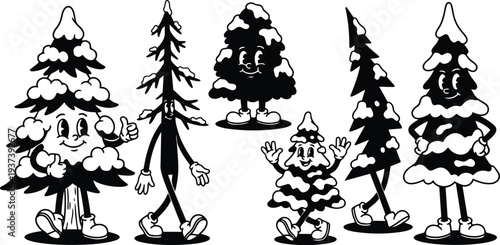 Retro cartoon 50s style close up playful snowy pine tree characters waving walking smiling with shoes in black and white