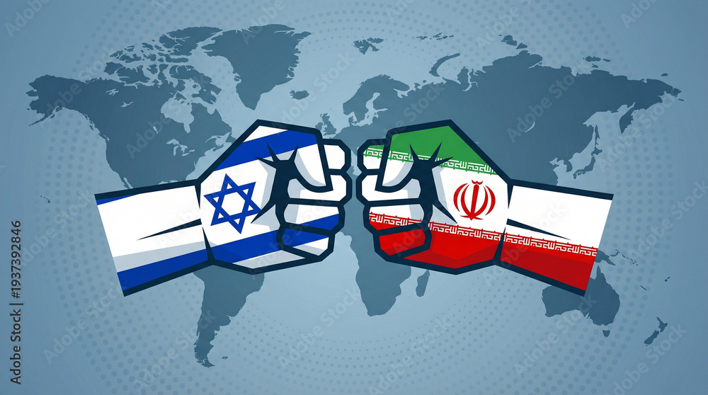 Fototapeta premium Israel and Iran fists with flags on a world map background