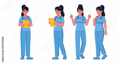 Four cartoon female nurses in blue scrubs with stethoscopes, standing in various poses, holding clipboards or pointing.