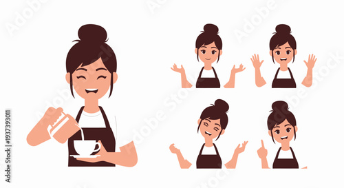 Cartoon female barista character making coffee and displaying a range of expressions and hand gestures.
