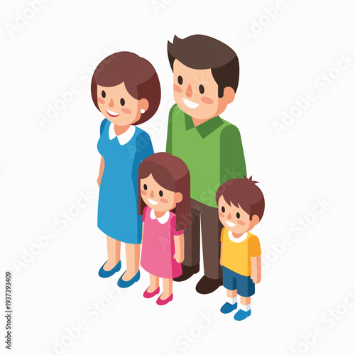 Cartoon Family Portrait with Children Standing Together.