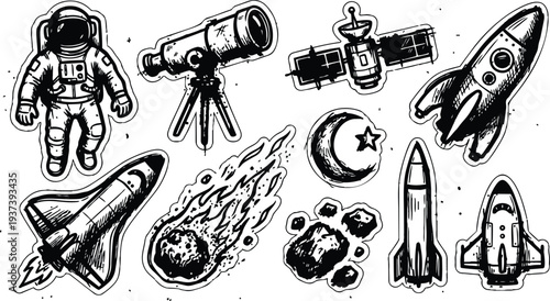 Tattoo flash sticker sheet of drawn space icons astronaut helmeted floating rocket shuttle comet telescope satellite moon and asteroids ink