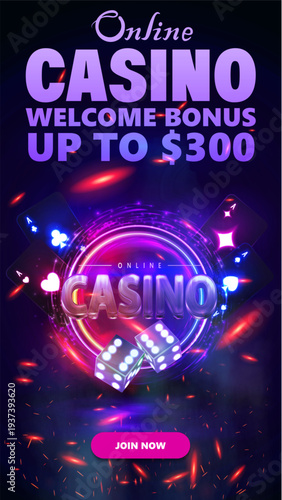 Purple vertical web banner for online casino with a casino logo with a neon swirl of particles, aces, dice and sparks of fire. Online casino promotion features welcome bonus up to 300.