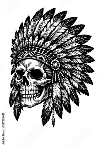 Intricate Engraved Black & White Skull in Grand Feather Headdress, Tribal Chief Style Vector Art, Spiritual Icon for Tattoo Design, Apparel Print, or Graphic Emblems. A Symbol of Resilience & Heritage