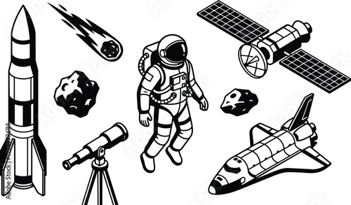 Line art vector set showing astronaut floating with rocket shuttle satellite telescope asteroids and meteor viewed in outline style black