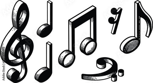 Engraving style three dimensional treble clef and beamed eighth notes floating close up vector illustration with hatching shading bold lines