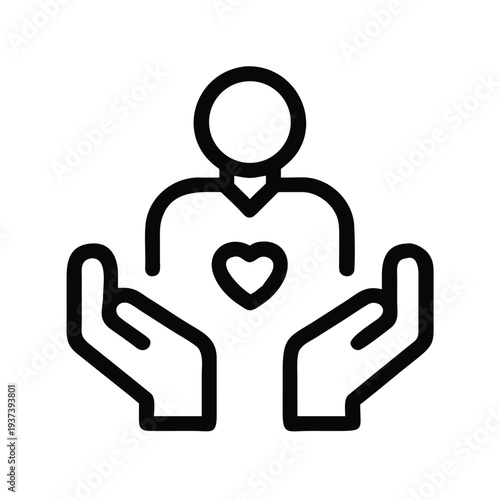 Line drawing of a person with hands cupped around a heart  symbolizing care and protection