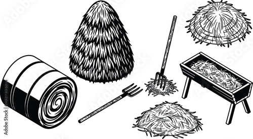 Line art detailed low angle view of haystack bale pitchfork rake manger and straw piles on white background isolated rustic