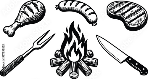 Engraving style campfire barbecue set with grilled sausage steak drumstick carving fork and chef knife close up detailed line art