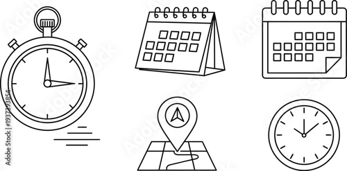 A collection of line icons for time management, including a stopwatch, different calendar views, and a map pointer.