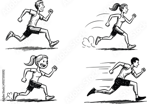 Four dynamic cartoon sketches illustrate male and female figures engaging in vigorous running and sprinting motions.