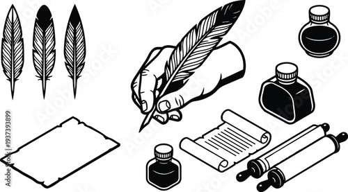 Ink line art close up hand writing with quill pen on parchment scroll and ink bottles vintage calligraphy set illustration