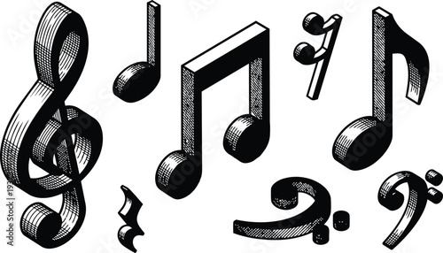 Engraving style three dimensional musical notes and treble clef close up isolated on white background with hatching shading isometric retro