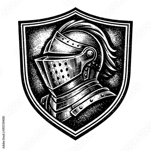 Magnificent medieval knight's helmet mounted on a heraldic shield, depicted in a striking vintage black and white engraving style. This powerful warrior emblem embodies chivalry, strength, and histori