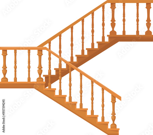 Vintage wooden staircase with balustrade railing cartoon icon