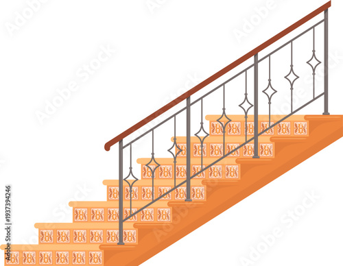 Stone staircase with forged handrail. Cartoon stairs icon