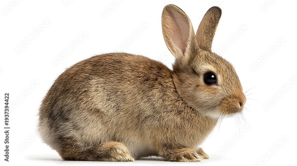 Fototapeta premium Cute brown rabbit with long ears and fluffy tail sitting on a white background.