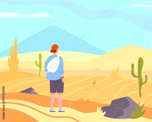 Desert traveler. Young tourist look at nature landscape