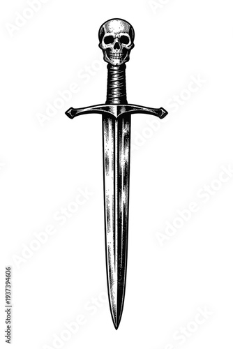 Intricate vintage black and white engraving style illustration of a formidable medieval sword featuring a macabre human skull as its pommel, perfect for gothic art enthusiasts, fantasy themes, or hist