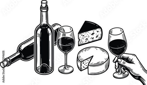 Vintage engraving close up still life with wine bottles cheese wedge wheel and hand holding glass overhead low angle dramatic