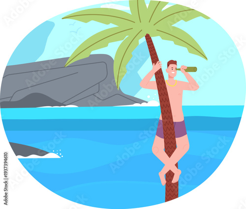 Explorer climb palm. Tropical island summer vacation