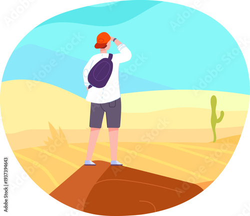 Guy look forward at desert landscape cartoon icon