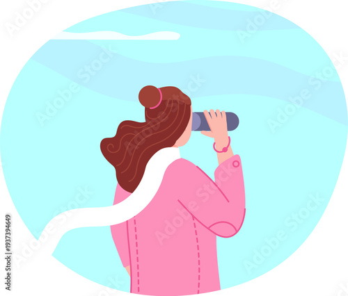 Woman look at binoculars rear view. Idea search