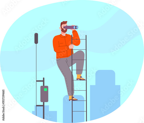 Man climbing ladder and look at binoculars. Future strategy