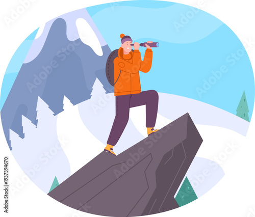 Man on cliff look at spyglass. Future vision concept