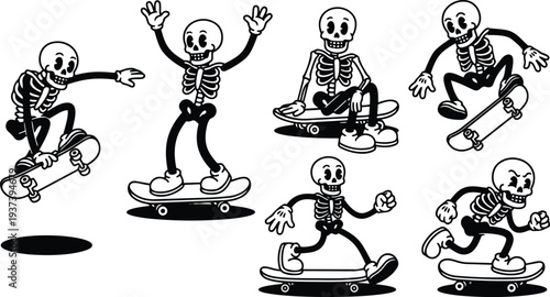 Tattoo flash skateboarding skeletons performing tricks in retro cartoon style multiple poses on skateboards with bold black outline