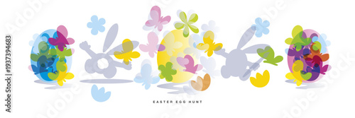 Easter egg hunt pastel color greeting card. Easter bunny egg hunt. Beautiful colorful Easter eggs with all around overlapping spring symbols butterfly and flowers on eggs white background