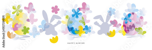 Happy Easter pastel color greeting card. Easter bunny egg hunt. Beautiful colorful Easter eggs with all around overlapping spring symbols butterfly and flowers on eggs white background