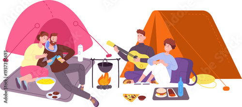 Camping tents with happy people enjoying nature leisure time