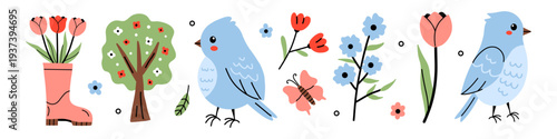 Vector set of cute spring garden elements with tulip bouquet in rain boot, blooming tree, flowers, blue bird, butterfly. Playful seasonal illustration for card, banner, sticker, children book.