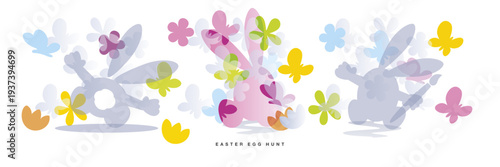 Easter egg hunt pastel color greeting card. Easter bunny egg hunt. Beautiful colorful rabbits with all around overlapping spring symbols butterfly and flowers on eggs white background