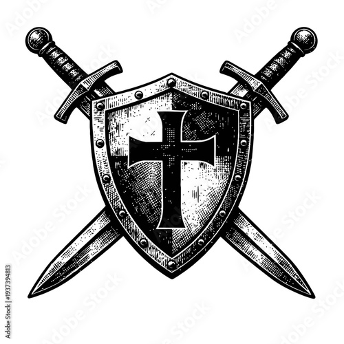 Vintage Engraved Medieval Knight Shield with Crusader Cross & Crossed Swords. Emblem of Chivalry, Valor, Ancient Warfare, Faith. Classic B&W Woodcut Art. Ideal for Heraldry, Historic Design, Warrior T
