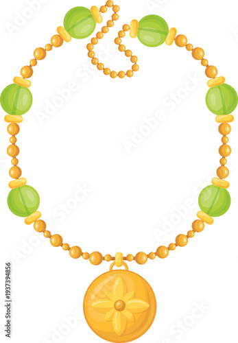 Golden pendant necklace. Precious jewelry cartoon icon