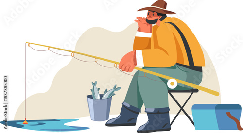 Happy angler with spinning rod. Catching fish scene